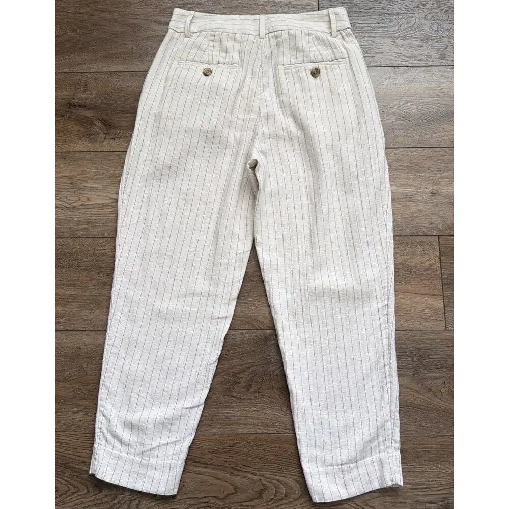 Banana Republic Factory Linen-Blend Pants Women 6 Beige Striped Pleated Academia